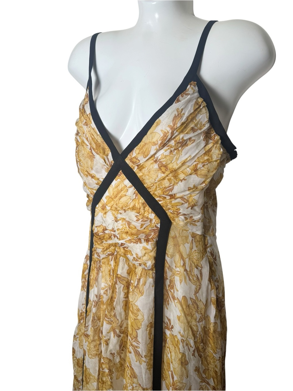 New Zara Printed Ecru Yellow Black Trim Dress - Picture 5 of 13
